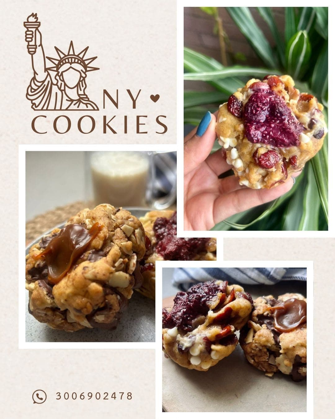 Collage de la marca NY Cookies: el logotipo con la Estatua de la Libertad y tres fotos de galletas, una sostenida en la mano frente a unas hojas verdes y dos servidas junto a un vaso de leche.