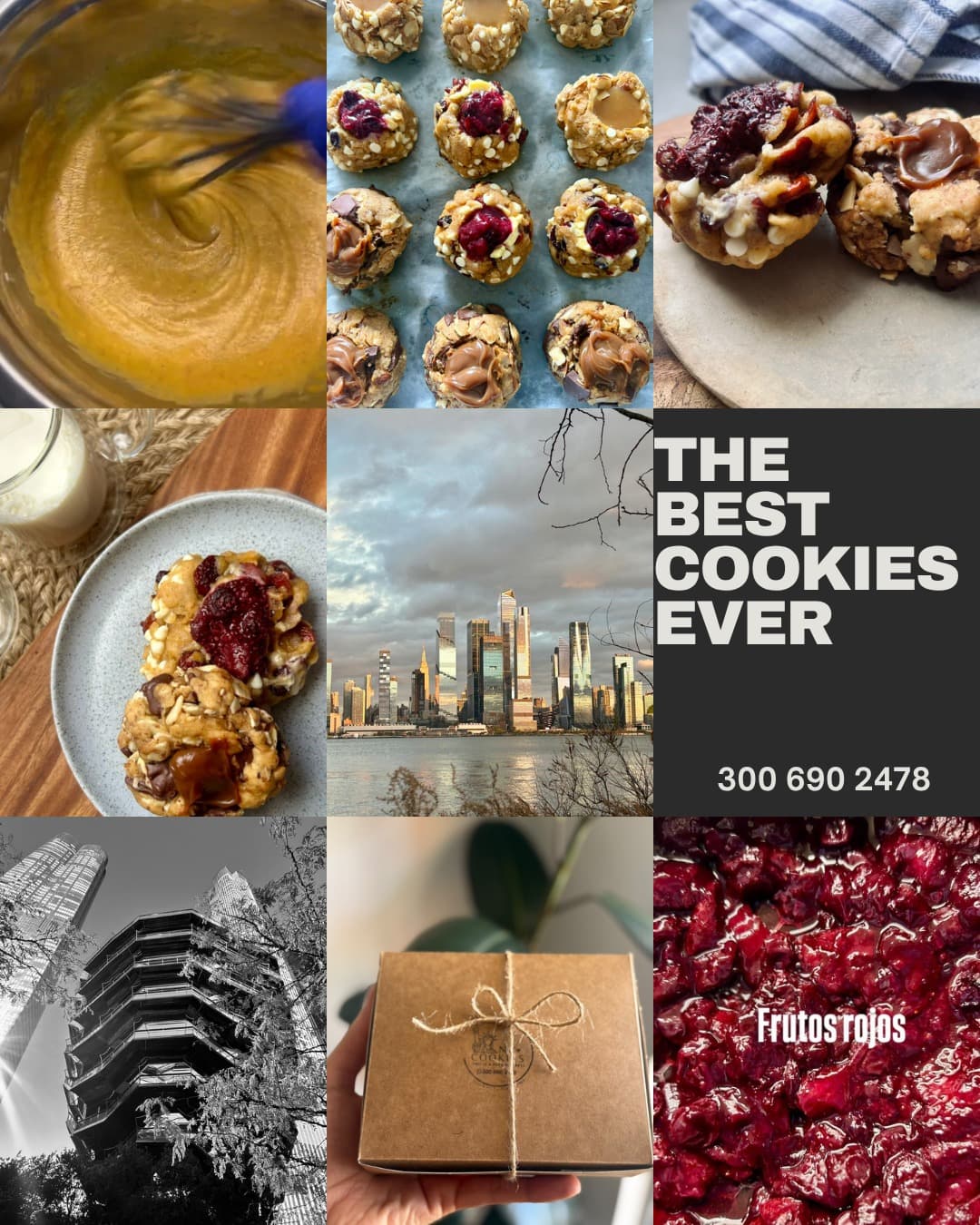 Mosaico de la marca NY Cookies: la masa batiéndose en el bol, la bandeja de galletas antes del horno, galletas servidas junto a un vaso de leche, la caja de cartón sellada con el logo, la salsa de frutos rojos casera y vistas del horizonte de New York.